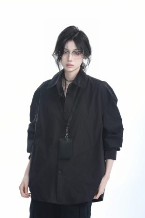 Korean Style Oversized Black Long Sleeve Shirt for Women - High-End Casual Autumn Top with Sit and Eat Until the Mountains Are Empty Design