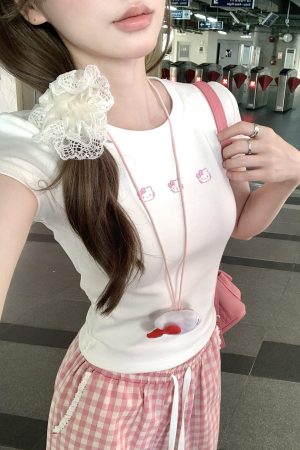 Korean Style Pink Kitty Cartoon Print Fitted Slim High-Stretch Short Sleeve T-Shirt in Pure Cotton for Trendy Casual Wear