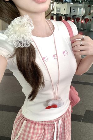 Korean Style Pink Kitty Cartoon Print Fitted Slim High-Stretch Short Sleeve T-Shirt in Pure Cotton for Trendy Casual Wear