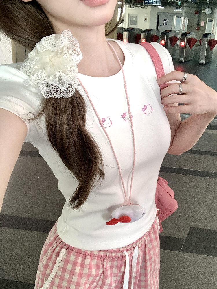 Korean Style Pink Kitty Cartoon Print Fitted Slim High-Stretch Short Sleeve T-Shirt in Pure Cotton for Trendy Casual Wear Korean Style Pink Kitty Cartoon Print Fitted Slim High-Stretch Short Sleeve T-Shirt in Pure Cotton for Trendy Casual Wear