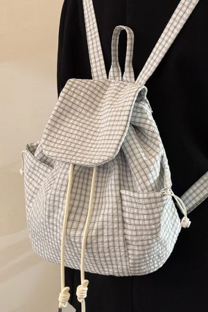 Korean-Style Plaid Drawstring Backpack - Large Capacity Lightweight Nylon Student Commuter Bag