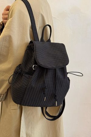 Korean-Style Plaid Drawstring Backpack - Large Capacity Lightweight Nylon Student Commuter Bag