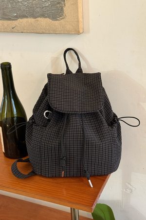 Korean-Style Plaid Drawstring Backpack - Large Capacity Lightweight Nylon Student Commuter Bag