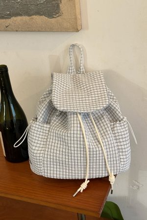 Korean-Style Plaid Drawstring Backpack - Large Capacity Lightweight Nylon Student Commuter Bag