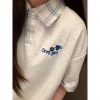 Korean-Style Plaid Spliced Polo Collar Embroidered Short Sleeve T-Shirt for Women - Summer College Couple Design Top