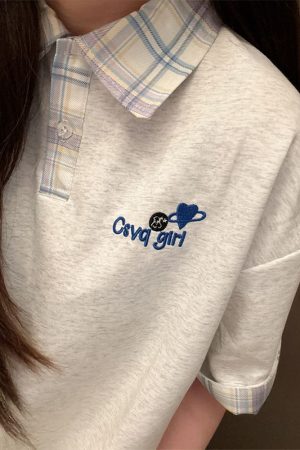 Korean-Style Plaid Spliced Polo Collar Embroidered Short Sleeve T-Shirt for Women - Summer College Couple Design Top