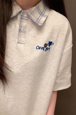 Korean-Style Plaid Spliced Polo Collar Embroidered Short Sleeve T-Shirt for Women - Summer College Couple Design Top