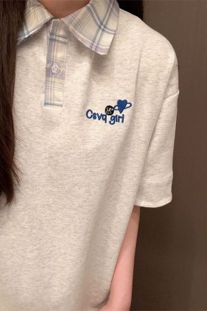 Korean-Style Plaid Spliced Polo Collar Embroidered Short Sleeve T-Shirt for Women - Summer College Couple Design Top