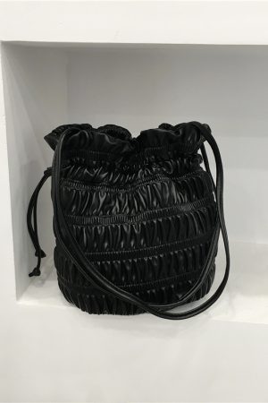 Korean Style Pleated Drawstring Shoulder Bag - Soft Leather Silver Bucket Bag for Chic Fashion Lovers