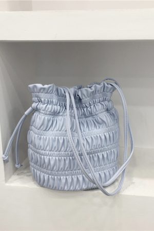 Korean Style Pleated Drawstring Shoulder Bag - Soft Leather Silver Bucket Bag for Chic Fashion Lovers