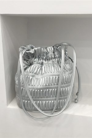 Korean Style Pleated Drawstring Shoulder Bag - Soft Leather Silver Bucket Bag for Chic Fashion Lovers