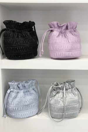 Korean Style Pleated Drawstring Shoulder Bag - Soft Leather Silver Bucket Bag for Chic Fashion Lovers