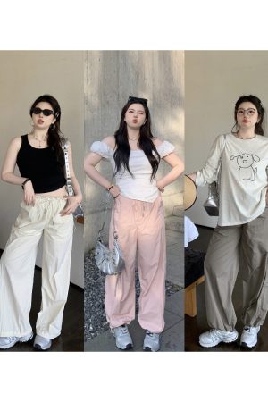 Korean Style Plus Size Ultra-Thin Cargo Pants for Women - Casual Outdoor Mountaineering Feu Parachute Design