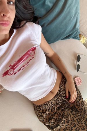 Korean Style Retro Car Print Short-Sleeve Fitted Slim Pure Cotton High-Stretch T-Shirt for Women