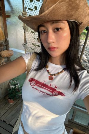 Korean Style Retro Car Print Short-Sleeve Fitted Slim Pure Cotton High-Stretch T-Shirt for Women