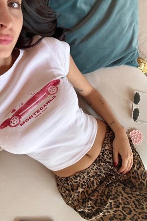 Korean Style Retro Car Print Short-Sleeve Fitted Slim Pure Cotton High-Stretch T-Shirt for Women