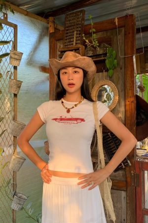 Korean Style Retro Car Print Short-Sleeve Fitted Slim Pure Cotton High-Stretch T-Shirt for Women