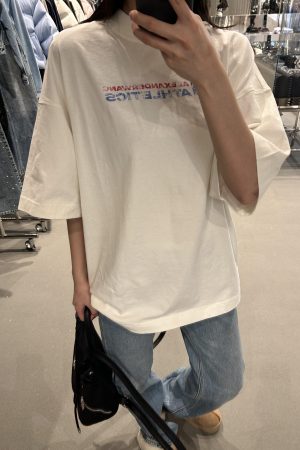 Korean Style Retro Distressed Letter Print Fitted Slim Cotton Short Sleeve T-Shirt - 25SS High-Stretch Fashion Top