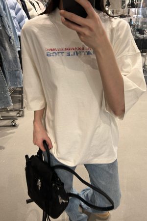 Korean Style Retro Distressed Letter Print Fitted Slim Cotton Short Sleeve T-Shirt - 25SS High-Stretch Fashion Top