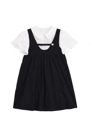 Korean-Style Retro Doll Collar Short Sleeve Suspender Dress - Sweet Two-Piece Look for Women, Perfect for Summer College Style