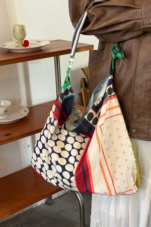 Korean-Style Retro Patchwork Polka Dot Canvas Tote Bag for Women, Large-Capacity Ethnic Shoulder Crossbody Bag