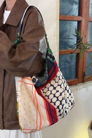 Korean-Style Retro Patchwork Polka Dot Canvas Tote Bag for Women, Large-Capacity Ethnic Shoulder Crossbody Bag