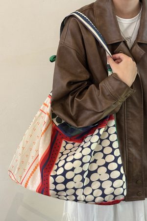 Korean-Style Retro Patchwork Polka Dot Canvas Tote Bag for Women, Large-Capacity Ethnic Shoulder Crossbody Bag