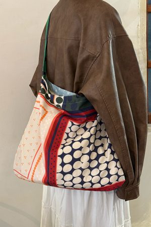 Korean-Style Retro Patchwork Polka Dot Canvas Tote Bag for Women, Large-Capacity Ethnic Shoulder Crossbody Bag