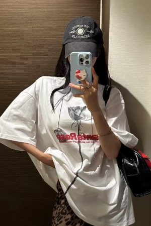 Korean Style Retro Rose Print Casual Loose Cotton Short Sleeve T-Shirt for Summer