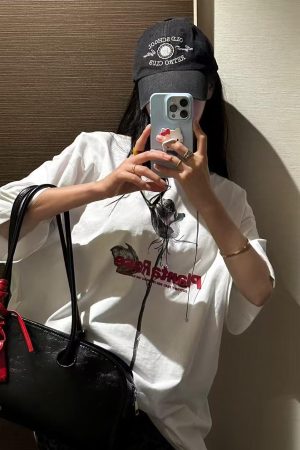 Korean Style Retro Rose Print Casual Loose Cotton Short Sleeve T-Shirt for Summer