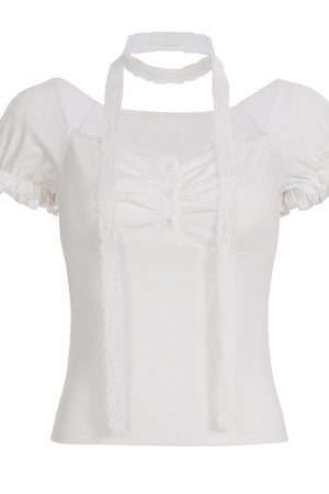 Korean Style Ruffled Short Sleeve Top & Bow Half-Length Skirt Set - Trendy Seoul Diary Look for Chic Fashionistas