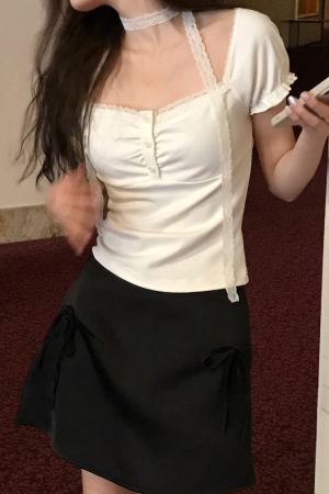 Korean Style Ruffled Short Sleeve Top & Bow Half-Length Skirt Set - Trendy Seoul Diary Look for Chic Fashionistas