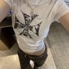 Korean Style Short Sleeve Slim-Fit Top with Crusader Print - Bamboo Cotton, Slightly Sheer, Trendy Y2K Aesthetic for Stylish Girls