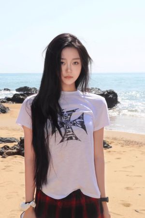 Korean Style Short Sleeve Slim-Fit Top with Crusader Print - Bamboo Cotton, Slightly Sheer, Trendy Y2K Aesthetic for Stylish Girls
