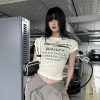 Korean Style Short Sleeve T-Shirt for Women, Slightly Sheer Bamboo Cotton, Sports Letter Print, Trendy Casual Top for Spicy Girls