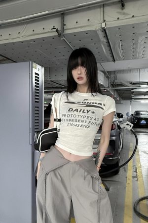 Korean Style Short Sleeve T-Shirt for Women, Slightly Sheer Bamboo Cotton, Sports Letter Print, Trendy Casual Top for Spicy Girls