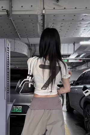 Korean Style Short Sleeve T-Shirt for Women, Slightly Sheer Bamboo Cotton, Sports Letter Print, Trendy Casual Top for Spicy Girls