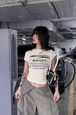 Korean Style Short Sleeve T-Shirt for Women, Slightly Sheer Bamboo Cotton, Sports Letter Print, Trendy Casual Top for Spicy Girls