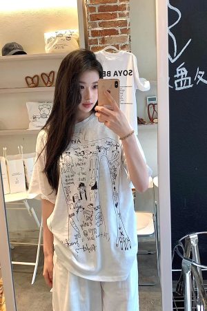 Korean Style Slightly Sheer Graffiti Print Sun Protection Loose Short Sleeve T-Shirt for Women - Casual Versatile Fashion Top