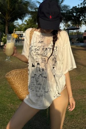 Korean Style Slightly Sheer Graffiti Print Sun Protection Loose Short Sleeve T-Shirt for Women - Casual Versatile Fashion Top