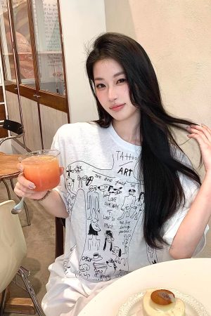 Korean Style Slightly Sheer Graffiti Print Sun Protection Loose Short Sleeve T-Shirt for Women - Casual Versatile Fashion Top