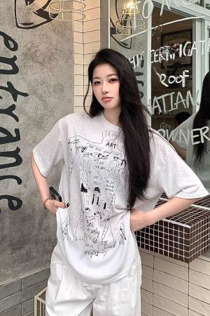 Korean Style Slightly Sheer Graffiti Print Sun Protection Loose Short Sleeve T-Shirt for Women - Casual Versatile Fashion Top