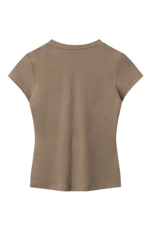 Korean Style Slim Fit Short Sleeve T-Shirt for Women with Half-Open Collar, Casual Mountain-Themed Base Shirt, Trendy Ins Fashion