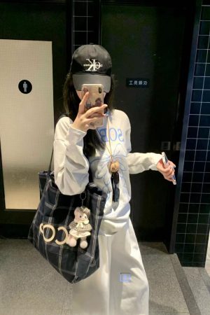 Korean-Style Striped Checkered Canvas Tote Bag, Large Capacity Casual Shoulder Bag for Everyday Use