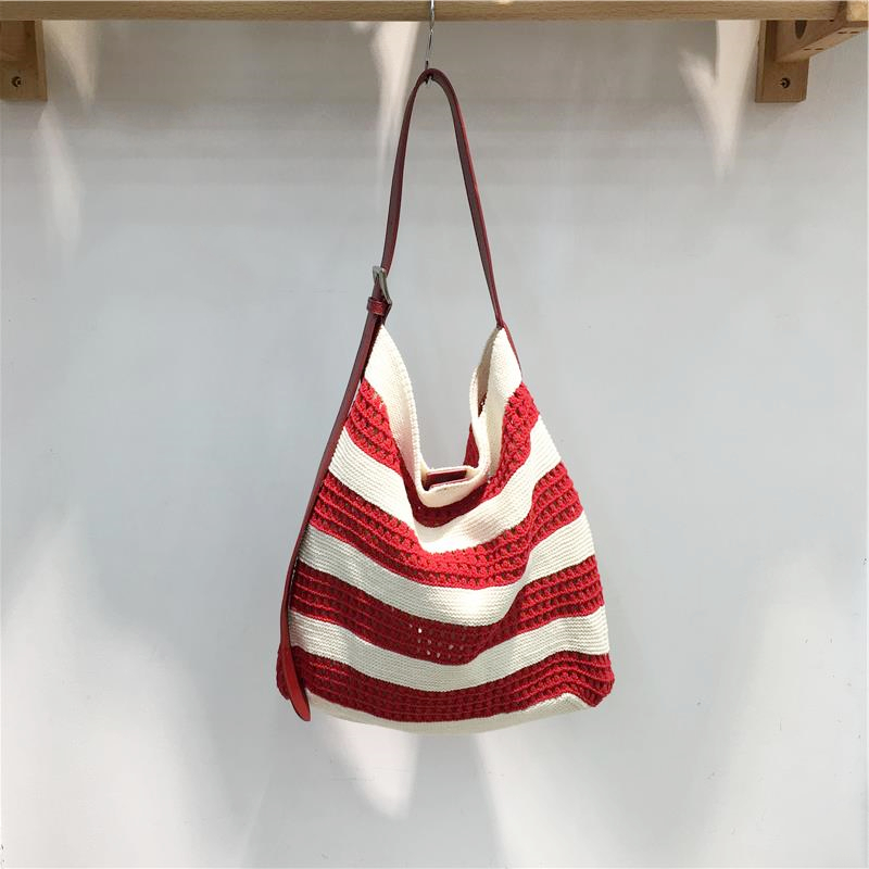 Korean Style Striped Color-Block Woven Tote Bag - Large Capacity Casual Versatile Shoulder Crossbody Bag Korean Style Striped Color-Block Woven Tote Bag - Large Capacity Casual Versatile Shoulder Crossbody Bag