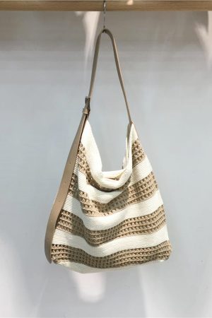 Korean Style Striped Color-Block Woven Tote Bag - Large Capacity Casual Versatile Shoulder Crossbody Bag