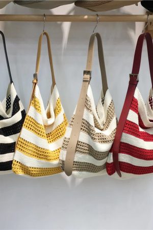 Korean Style Striped Color-Block Woven Tote Bag - Large Capacity Casual Versatile Shoulder Crossbody Bag