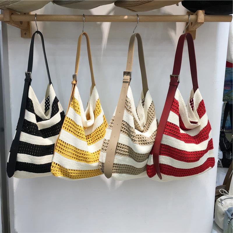 Korean Style Striped Color-Block Woven Tote Bag - Large Capacity Casual Versatile Shoulder Crossbody Bag Korean Style Striped Color-Block Woven Tote Bag - Large Capacity Casual Versatile Shoulder Crossbody Bag