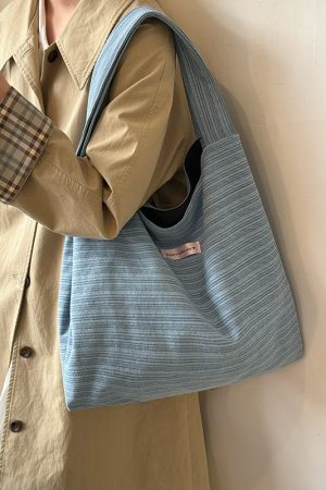 Korean-Style Striped Denim Tote Bag for Women - Large Capacity Shoulder Bag for Students and Commuters 2025