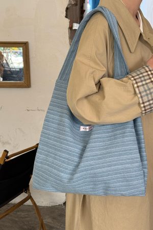 Korean-Style Striped Denim Tote Bag for Women - Large Capacity Shoulder Bag for Students and Commuters 2025